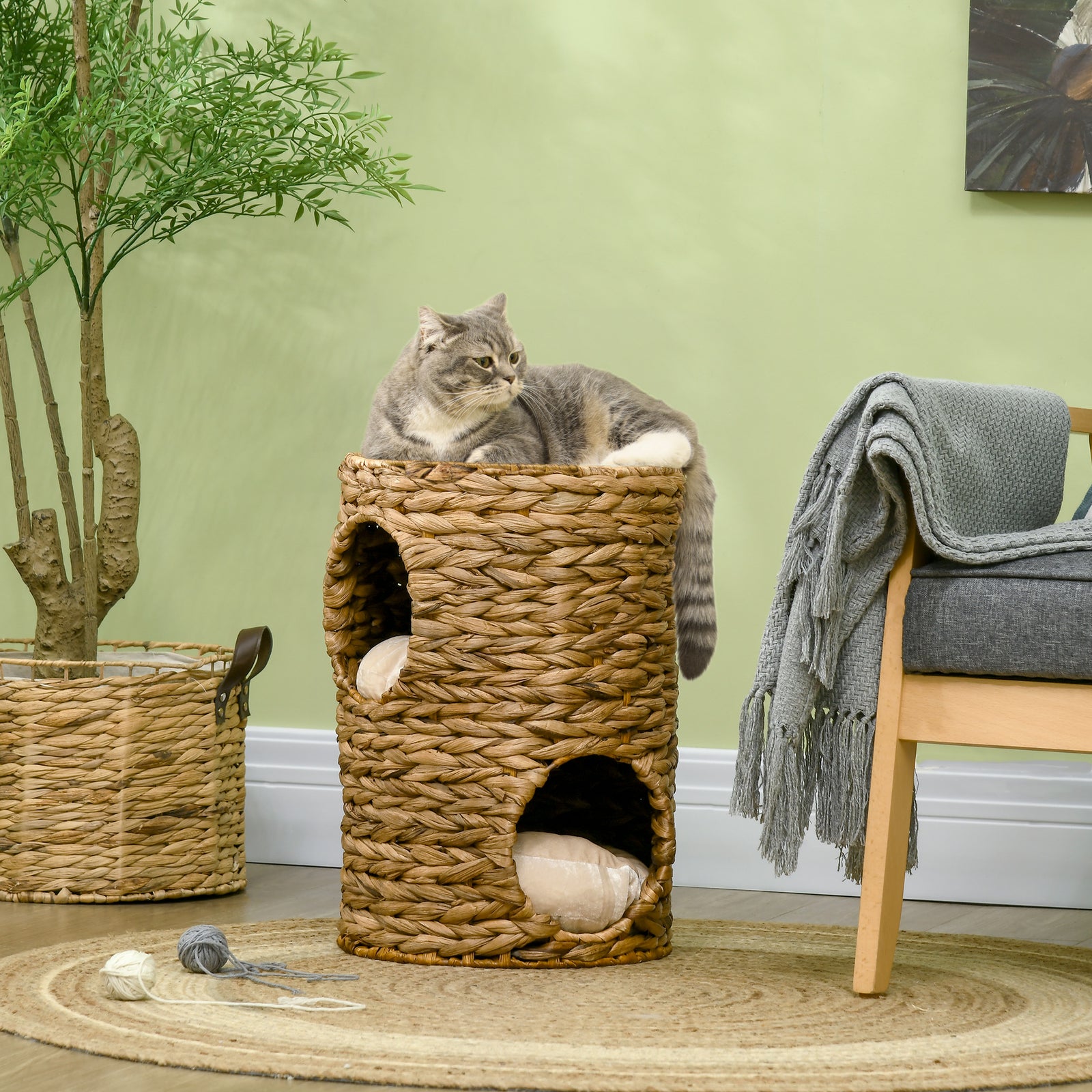 47cm Cat Barrel Tree For Indoor Cats W/ Two Cat Houses, Cushion