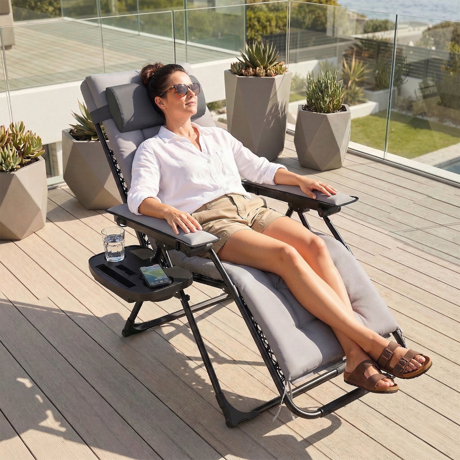 Zero Gravity Chair Sun Lounger With Cup Holder, Cushion | Grey