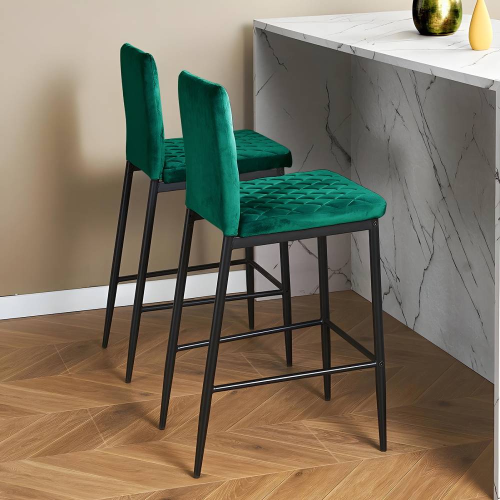 Set Of 2 Modern Velvet Upholstered Bar Stools With Diamond-quilted Backrest & Metal Legs