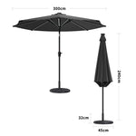 3m Solar Led Patio Umbrella, Outdoor Parasol With 16 Led Tubes, Crank Lift & Push Button Tilt With Cement Base | One Size | Dark Grey
