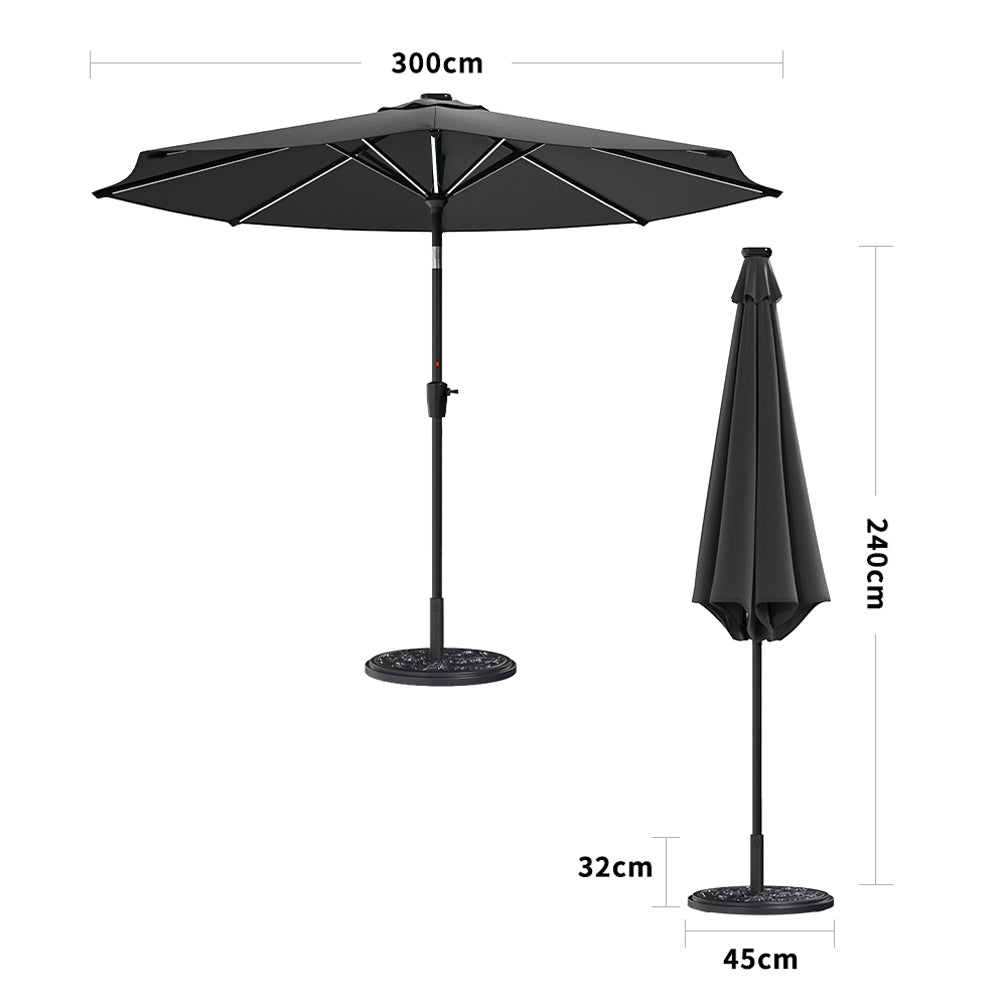 3m Solar Led Patio Umbrella, Outdoor Parasol With 16 Led Tubes, Crank Lift & Push Button Tilt With Cement Base | One Size | Dark Grey