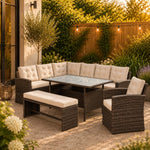 Piana 10 Seat Rattan Corner Sofa With Table, Bench And Chair | Cream & Brown