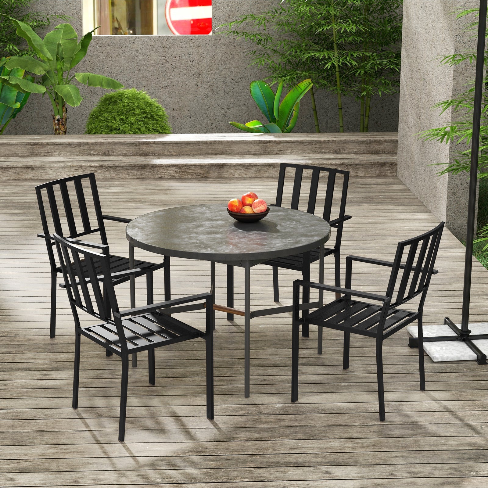 Stackable Outdoor Garden Chairs With Metal Slatted Design | Set of 4 | Black