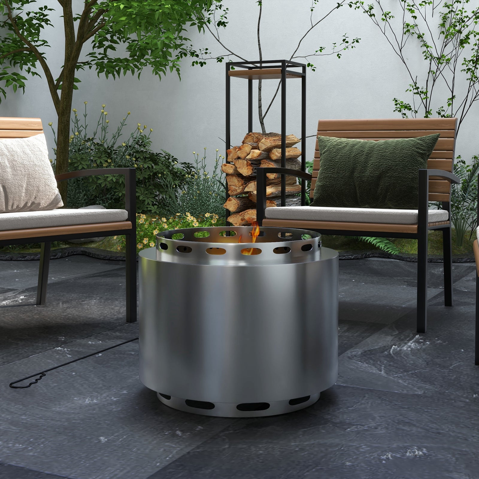 Smokeless Fire Pit W/ Poker, Metal | Silver