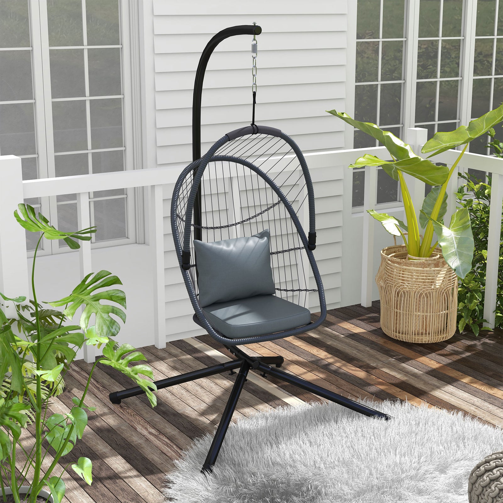 Rattan Chair With Cushion, Foldable Basket, 360° Rotation