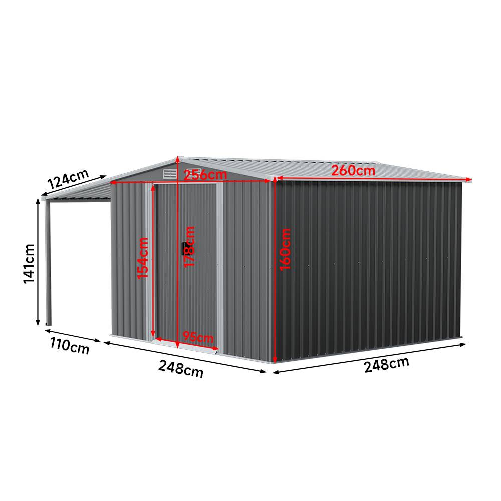 8x8ft Galvanized Steel Garden Shed With 1.1m Lean-to Extension & Shelves – Heavy Duty Outdoor Storage Shed With Firewood Roof & Ample Space