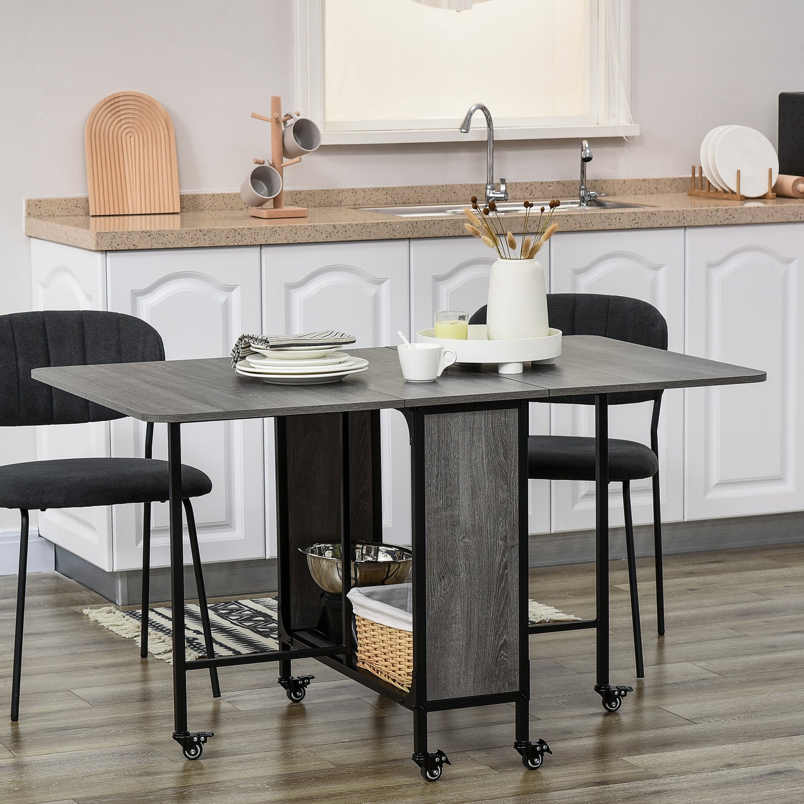 Mobile Drop Leaf Dining Table On Wheels With Storage Shelf