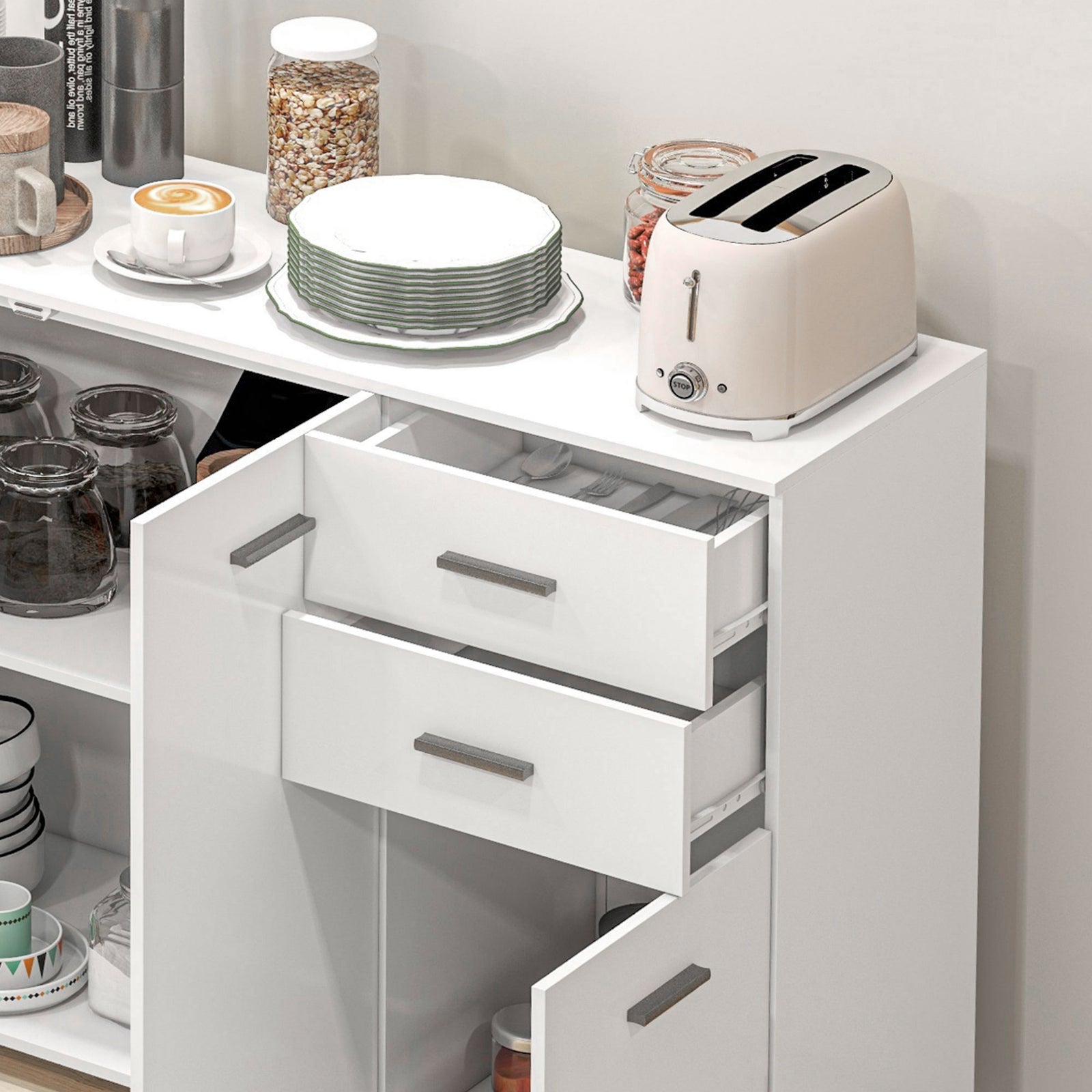 Sideboard Kitchen Storage Cabinet 2 Drawers And Shelves | One Size | Ivory