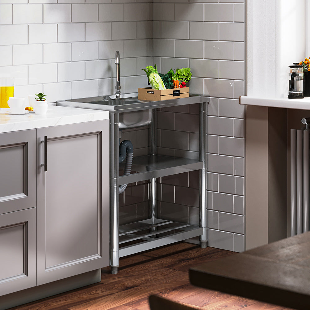 75cm W X 40cm D X 80cm H Bathroomdeco Stainless Steel One Compartment Sink With Shelves And Drainboard