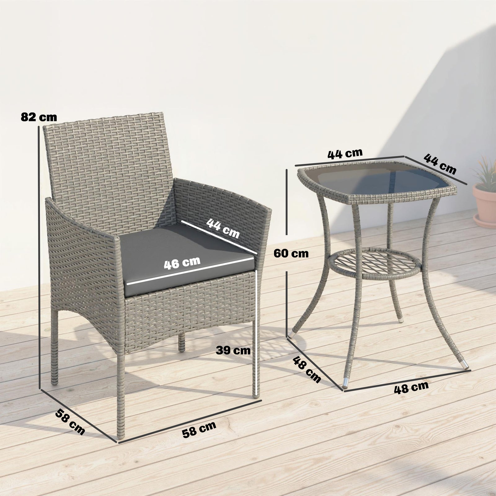 3 Piece Rattan Bistro Set With 2 Tier Glass-top Table, Chairs | Grey