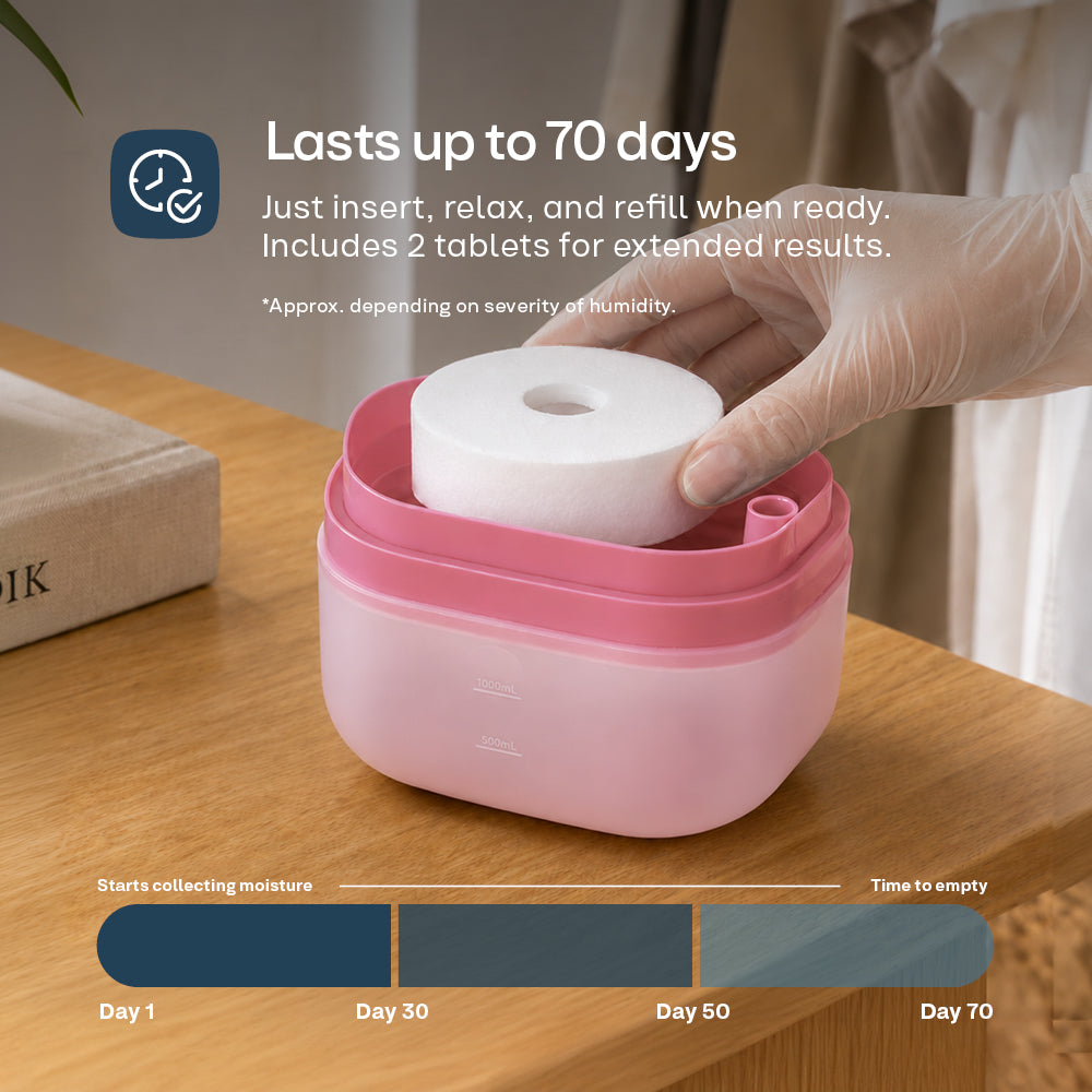 Reusable 1000ml Dehumidifier With 2 Calcium Chloride Refill Tabs | Pink
