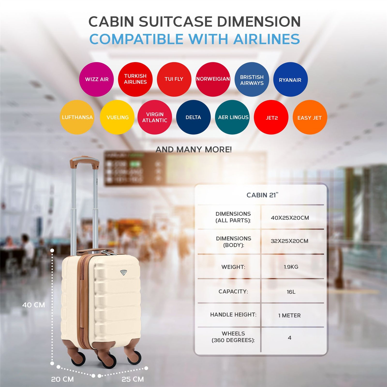 40x20x25cm Cabin Carry-on Suitcase - Lightweight, Durable, 4-wheel Luggage - 100+ Airlines Approved | Cabin | Cream