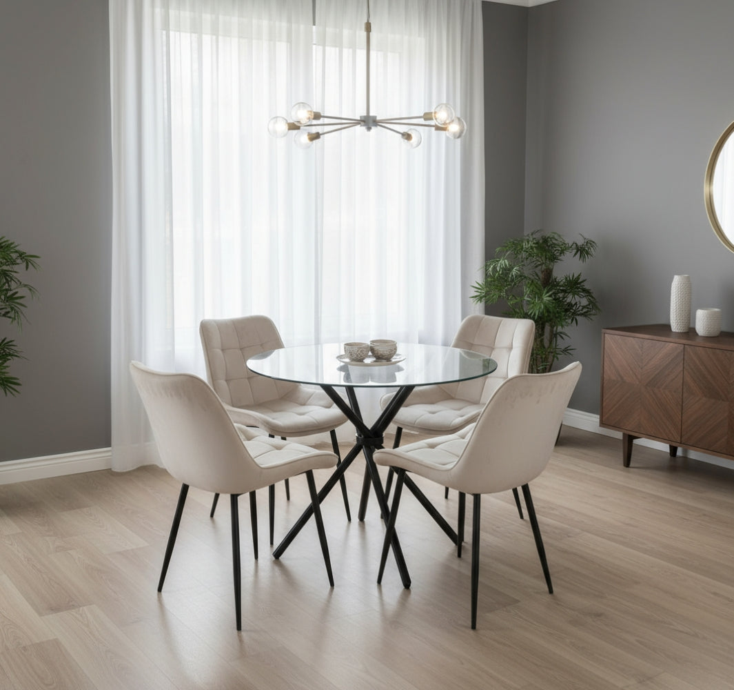 New York Dining Table With 4 Erica Velvet Chairs | Cream