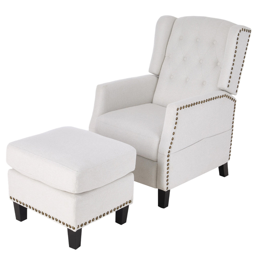 Fabric Upholstered Sofa Pushback Reclining Chair Armchair With Footstool | White