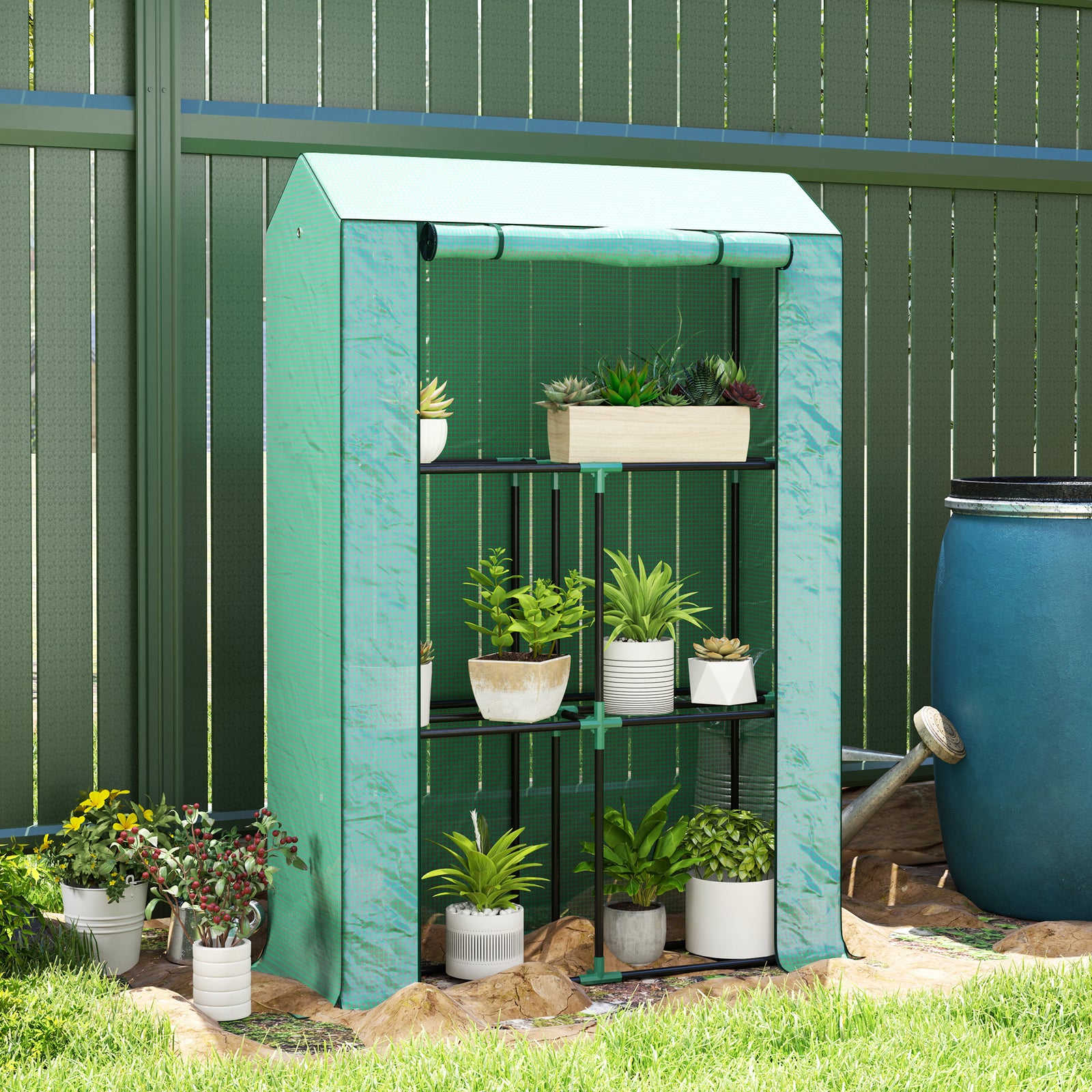 3 Tier Mini Greenhouse W/ Pe Cover, Roll-up Door | Green
