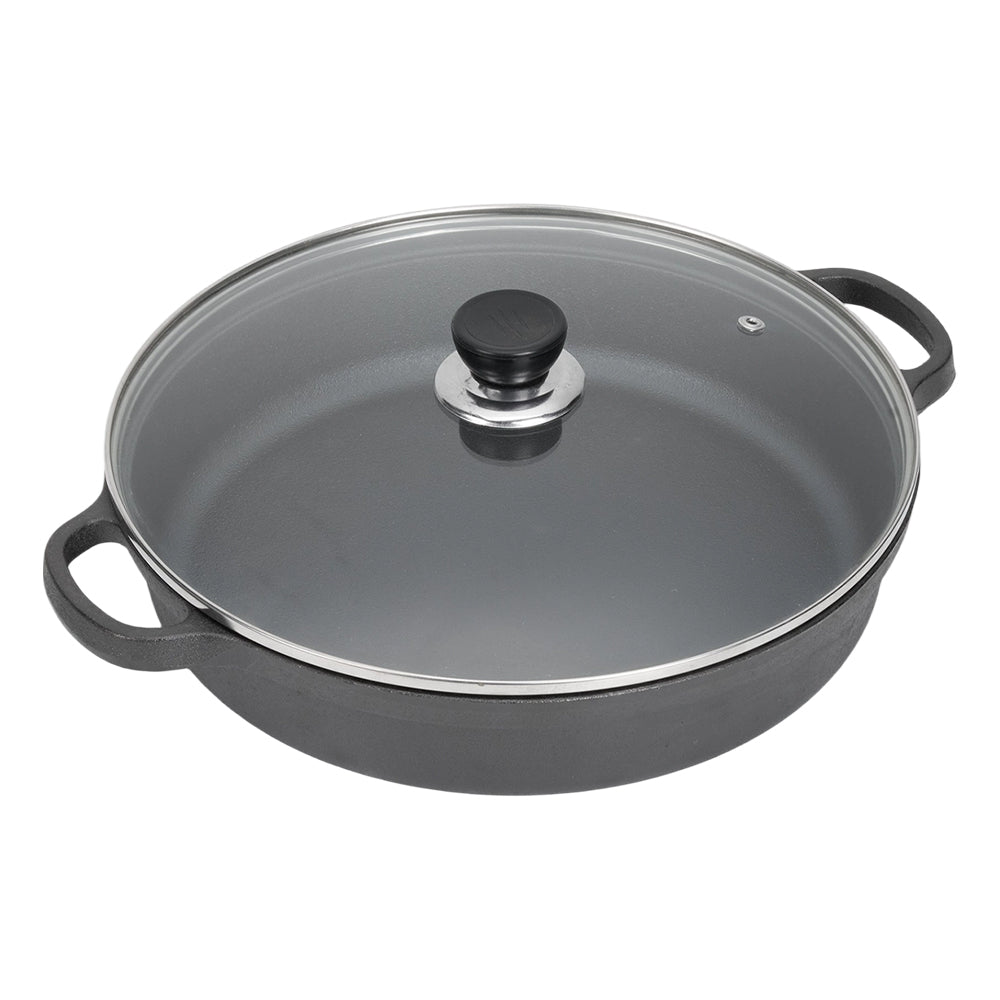 22cm/25cm/28cm Dia Pre-seasoned Round Cast Iron Braiser Pan With Lid & Double Handles | Medium