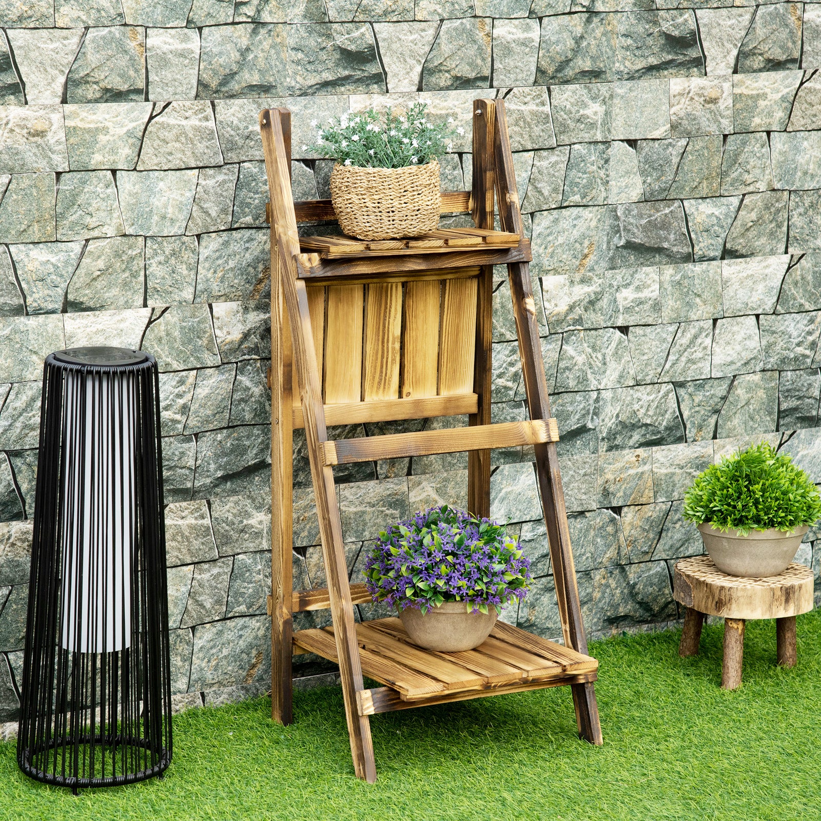 Flower Stand Plant Display Rack 3-tier Foldable Wood Garden | Small | Brown