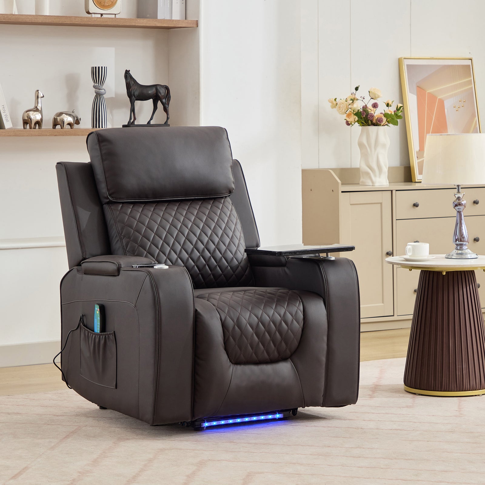 Byron Electric Riser Recliner Chair With Massage And Heat, Drink Cooler, Table | Brown