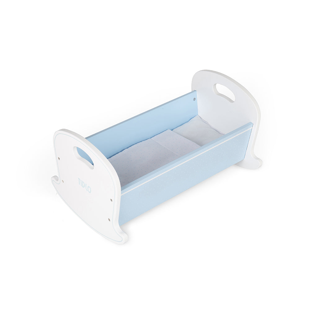 Wooden Doll's Cradle, Pastel-blue Polka Dot Design