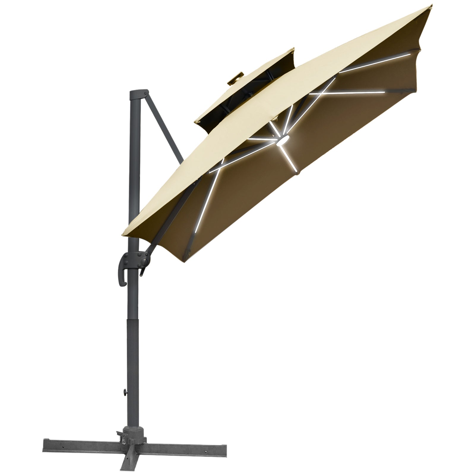 3m Cantilever Parasol W/ Solar Led, Crank, Cross Base | Khaki