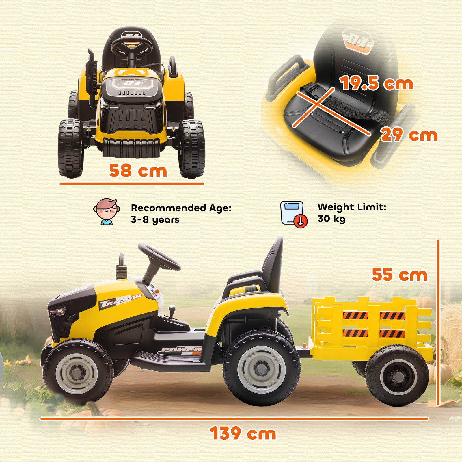 Ride On Tractor And Trailer, 12v Electric Ride On Tractor | Yellow