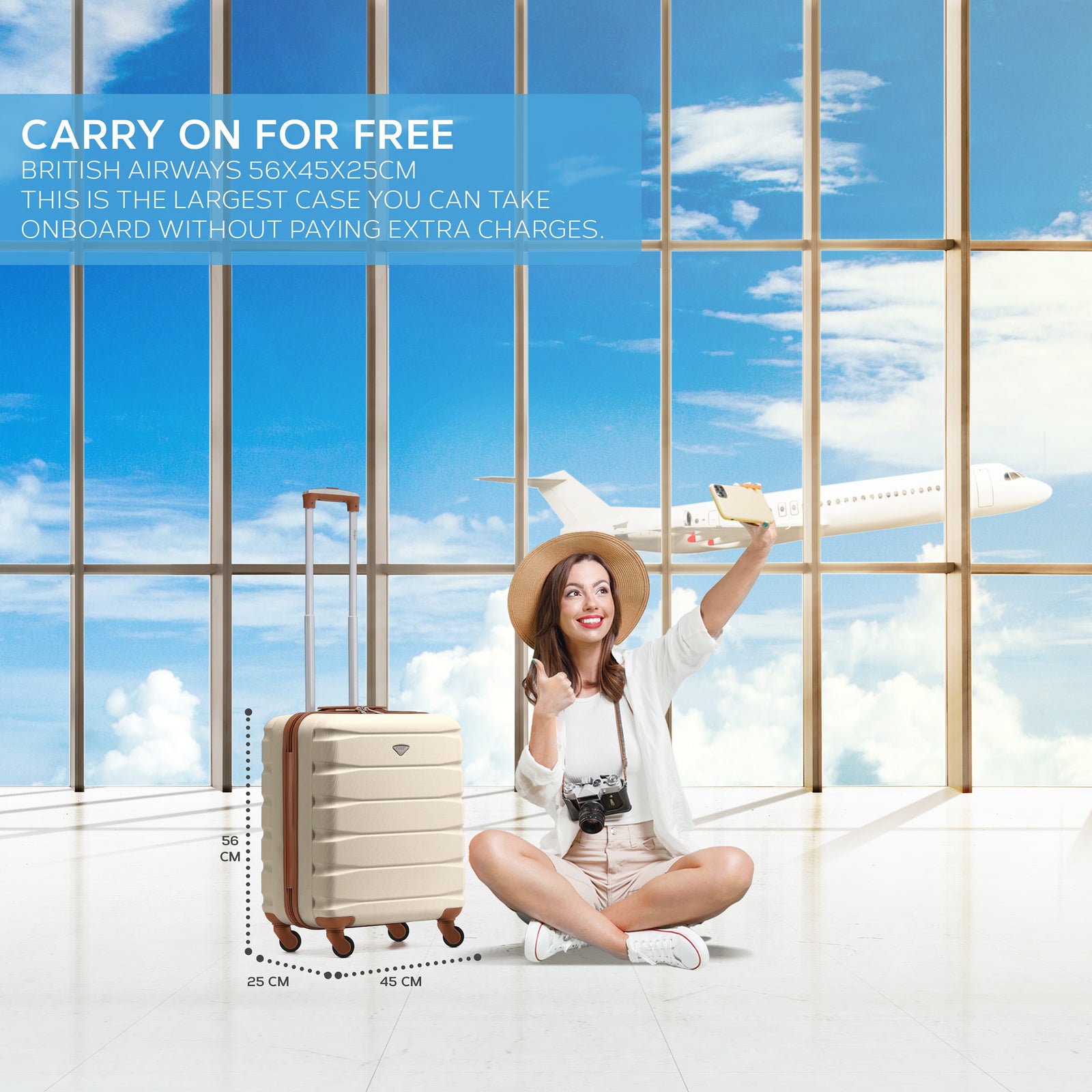 56x45x25cm Large Cabin Carry On Case - Overhead Luggage Suitcase - 4 Spinner Wheels - Abs Shell | 56 x 45 x 25cm | Cream