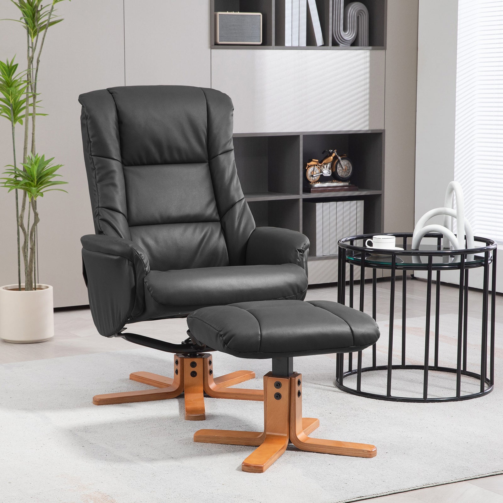 Recliner Armchair With Wood Base, Upholstered Reclining Chair | Black