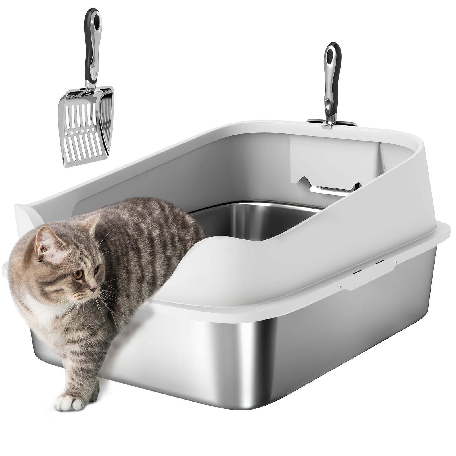 Xl Stainless Steel Cat Litter Box With High Sides, 60 X 40 X 30 Cm | Grey