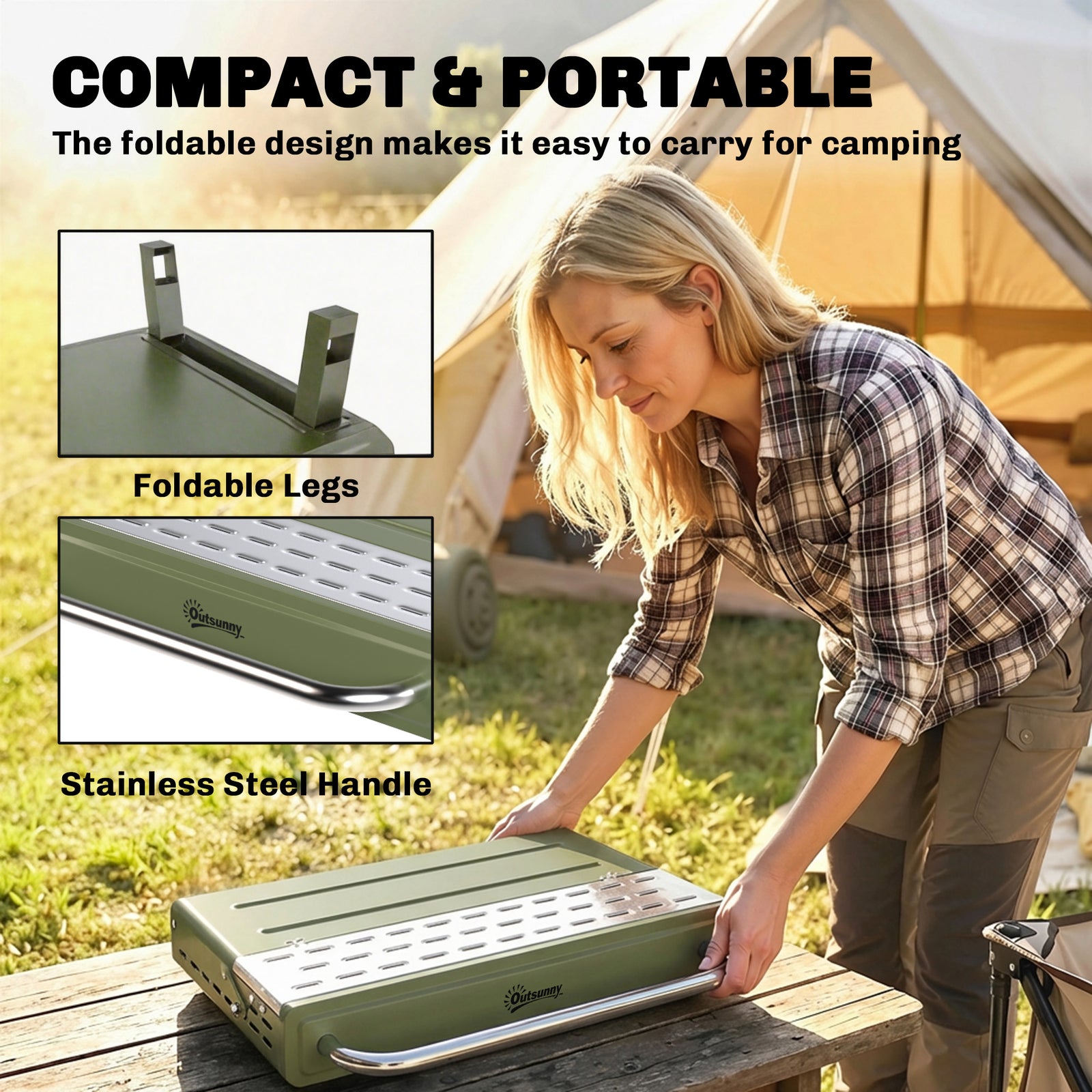 Portable Barbecue Grill With Adjustable Grates For Camping | Green