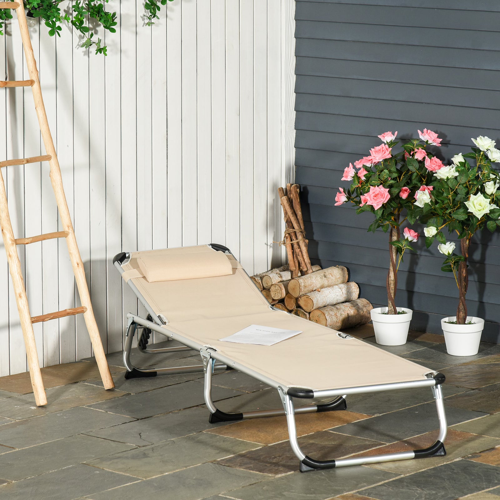 Folding Outdoor Lounger W/ Pillow | Khaki