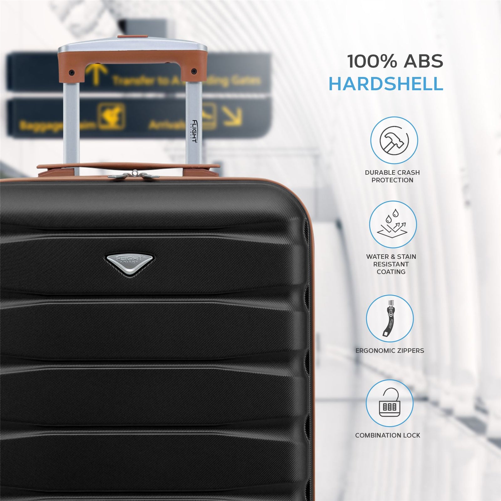 55x40x20cm Lightweight Luggage Hard Shell Cabin Suitcase 60+ Airlines Approved - Carry On Case - 4 Wheels | 55 x 40 x 20cm | Black & Brown