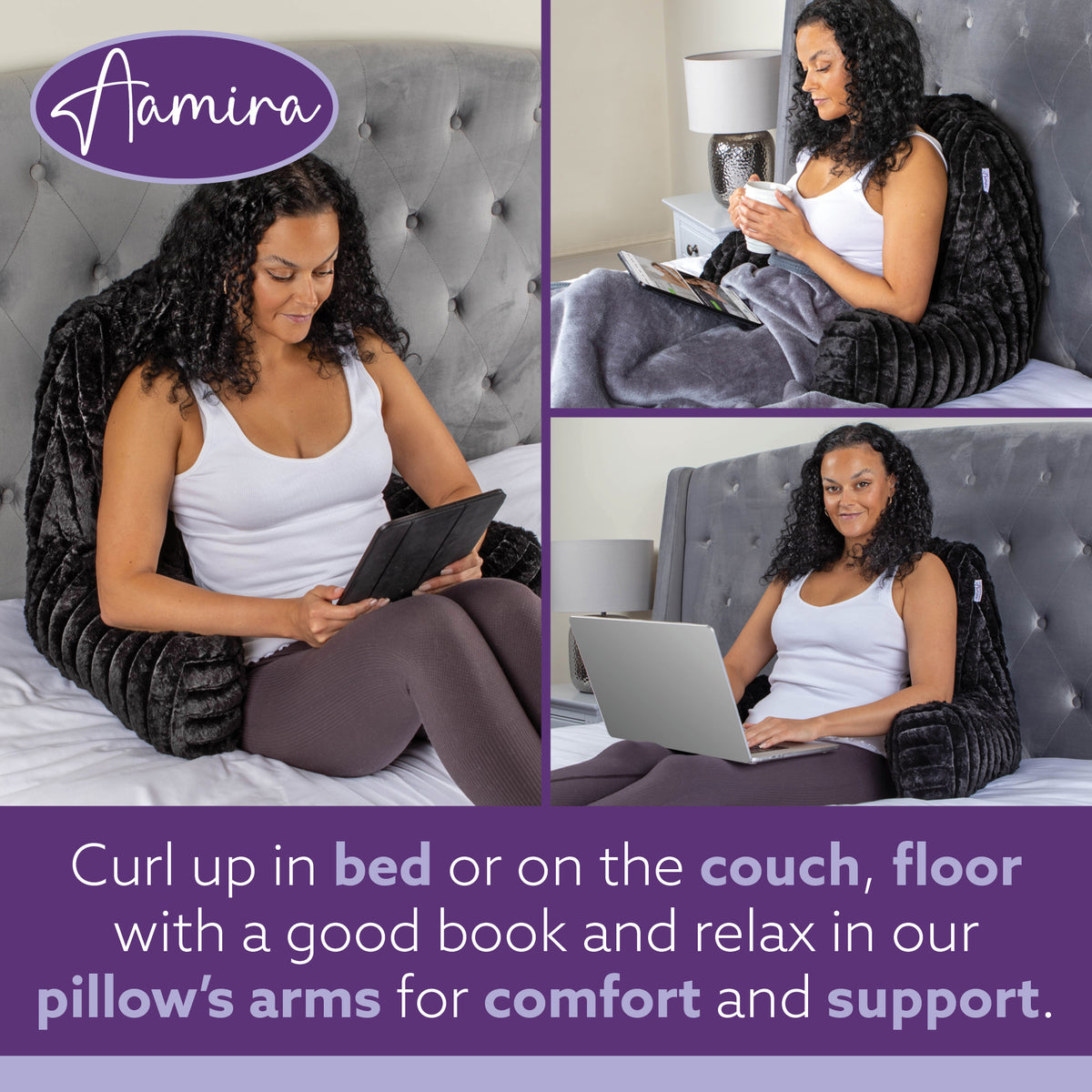 Deluxe Large Reading Pillow, Soft Ribbed Faux Fur, Shredded Memory Foam Cuddle Cuddle Cushion Backrest Arm Support | L | Black