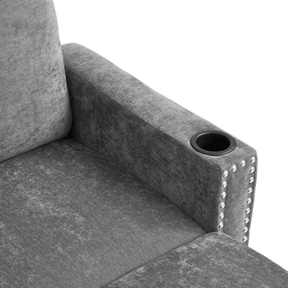 Grey Chenille 3-seater Sofa With Ottoman – Metal Rivets, Cup Holders & Side Pockets, Wooden & Iron Frame