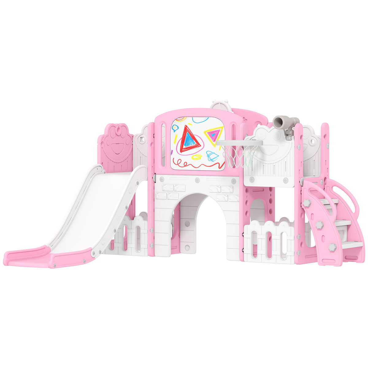7 In 1 Toddler Slide Set, Frog Theme Playset With Basketball Hoop | Pink
