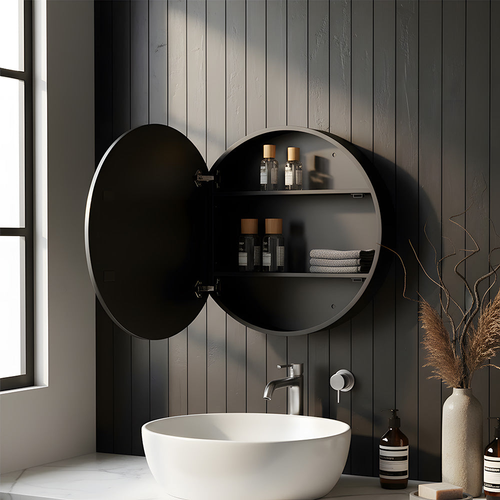 Black Round 60cm Dia Led Bathroom Mirror Cabinet With Storage Anti-fog, Touch Control, Adjustable Color Temperature