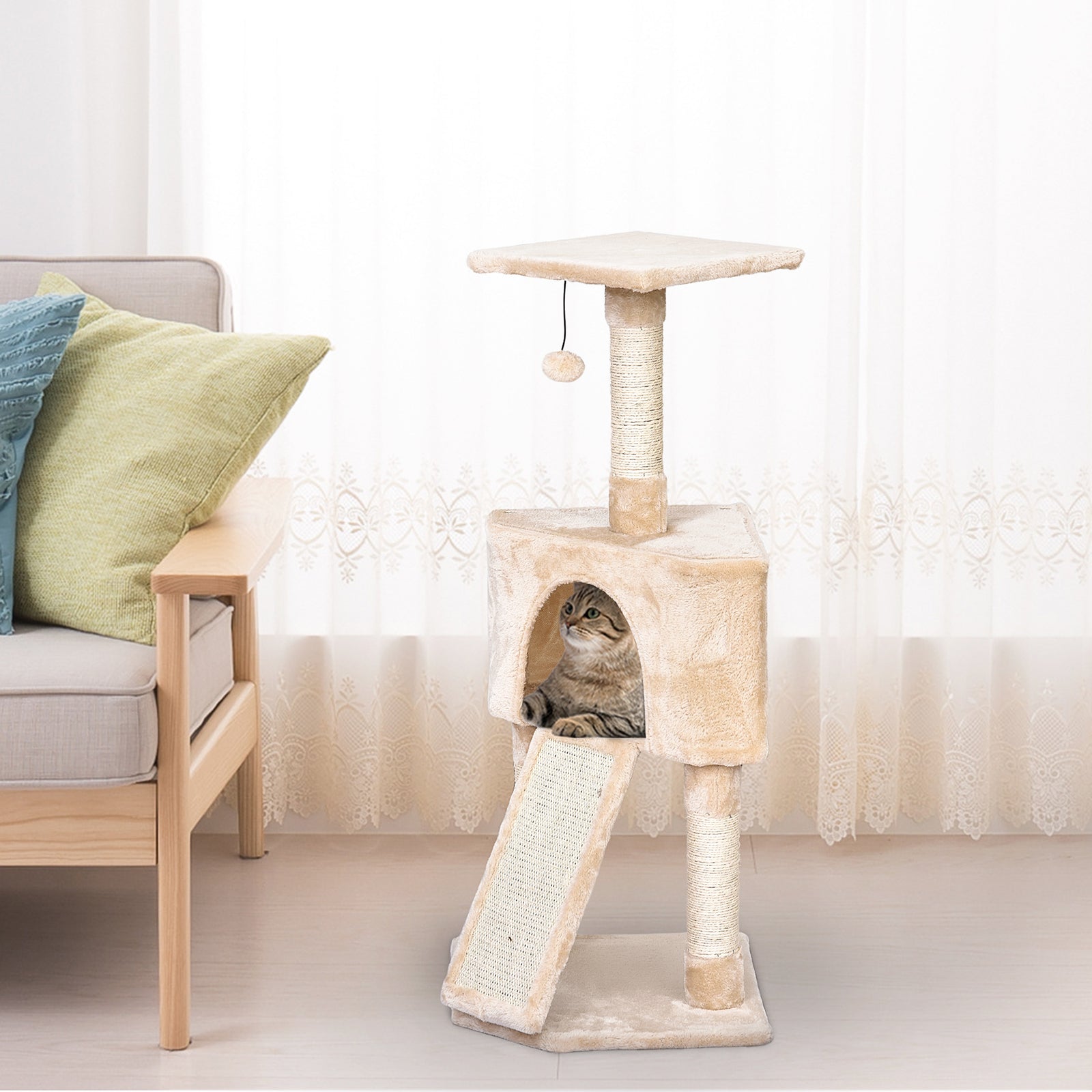Corner Cat Tree Tower For Indoor Cats With Scratching Post, Condo | Beige
