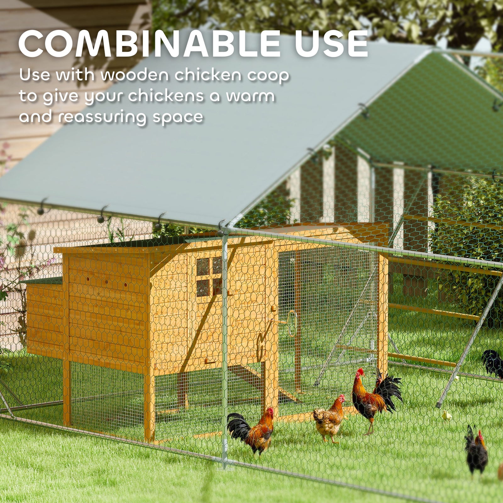 Walk In Chicken Run W/ Cover, Hanging Feeder, Perch | Large | Silver