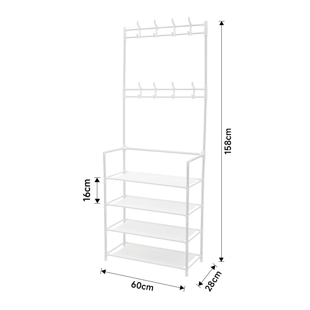Entryway 4 Tier Shoe Rack With Coat Hanger | White