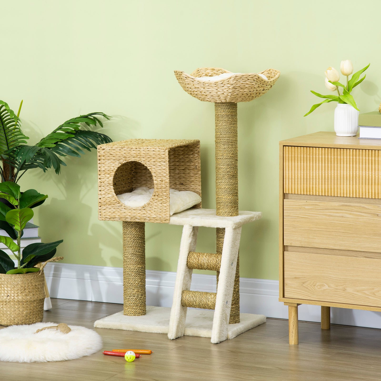 Cat Tree Kitten Tower Cattail Weave W/ Scratching Posts, Bed, House