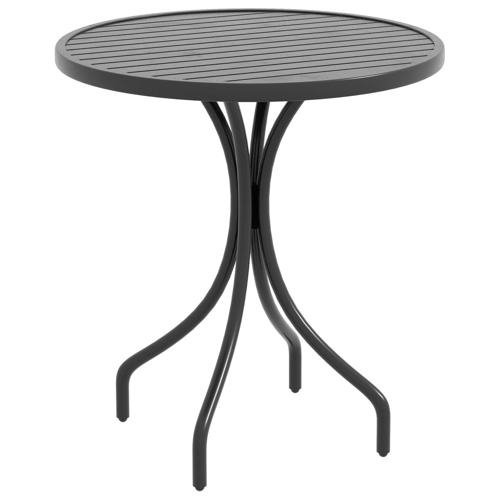 66cm Garden Table, Round Patio, Steel Frame, Slat Top, Black