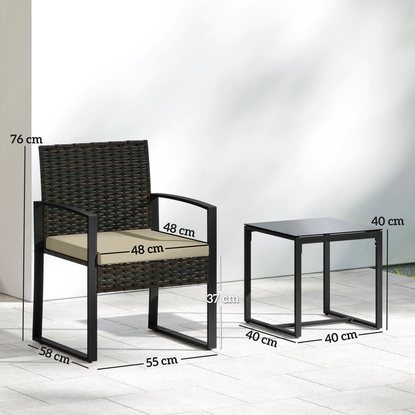 Rattan Bistro Set, 3 Pcs Garden Furniture With Cushion | Khaki