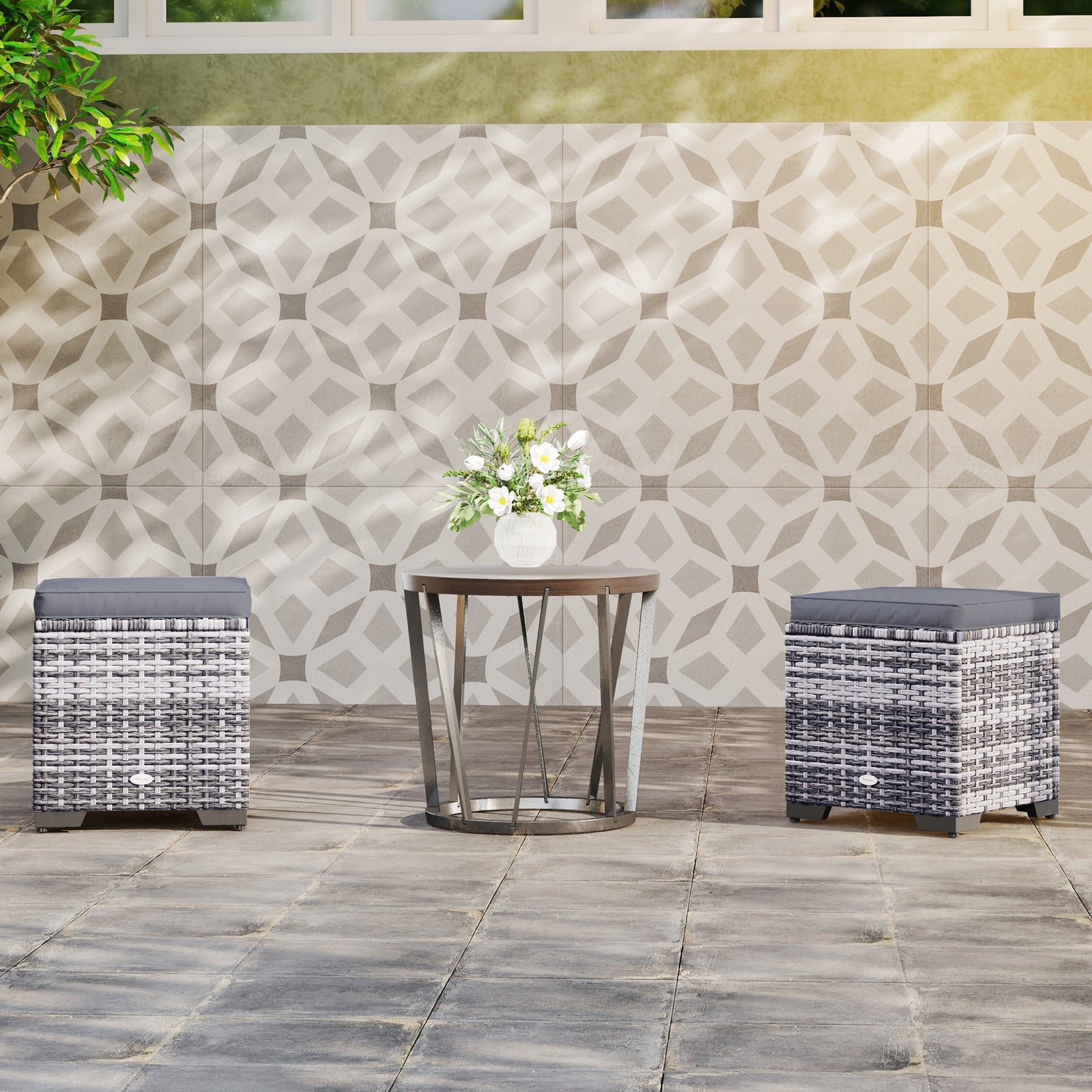 Set Of 2 Rattan Footstool, Storage Ottoman W/ Cushions | Dark Gray