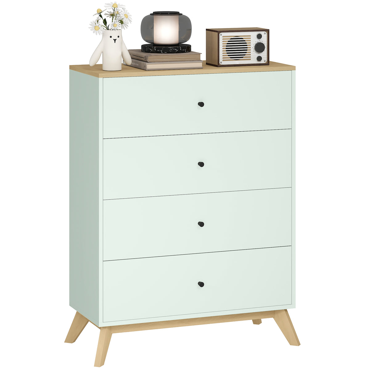 HOMCOM Chest Of Drawers, 4 Drawer Storage Cabinet, Light Green And Oak