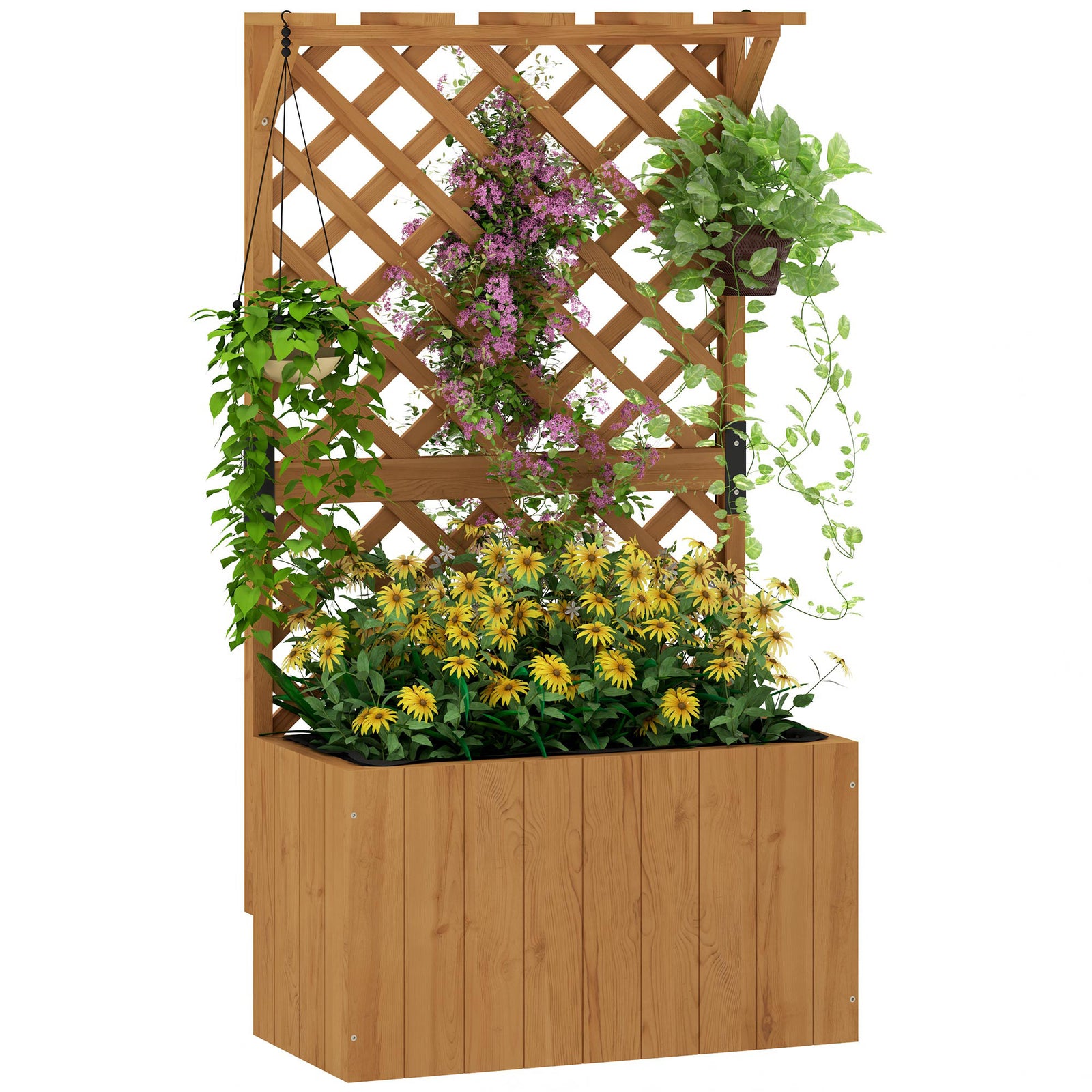 Wooden Planter W/ Trellis And Drainage Holes | Natural