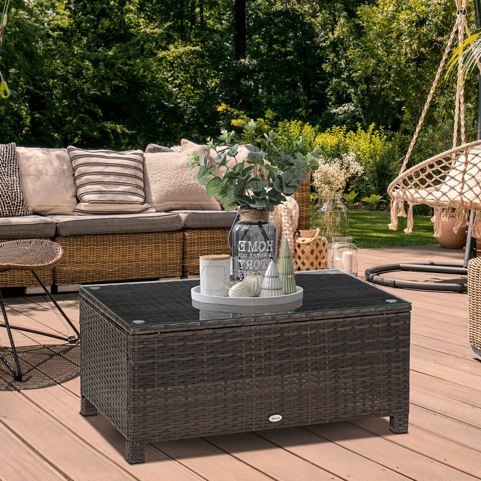 Garden Rattan Side Table,wicker Coffee Desk, Glass Top | Brown