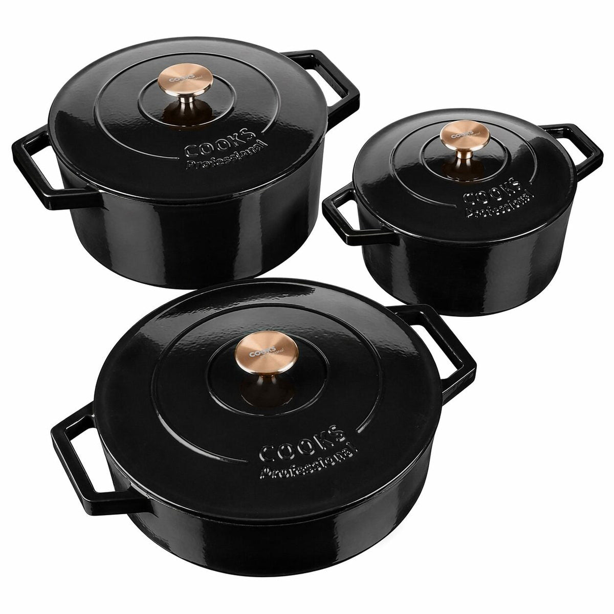 Cooks Professional Set Of 3 Cast Iron Casserole Dishes - 20, 26 & 28cm