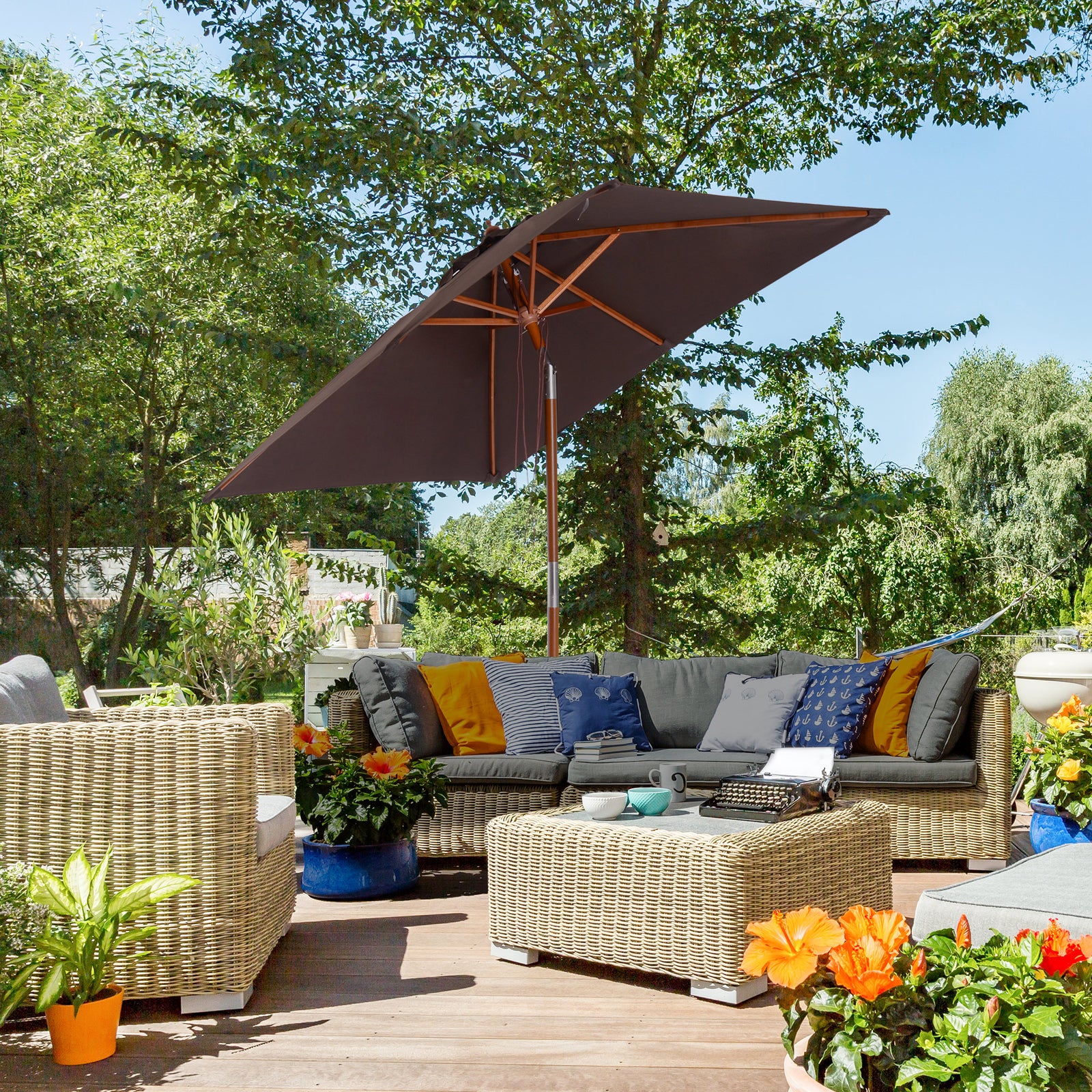 2x1.5m Wooden Patio Umbrella Parasol | Brown