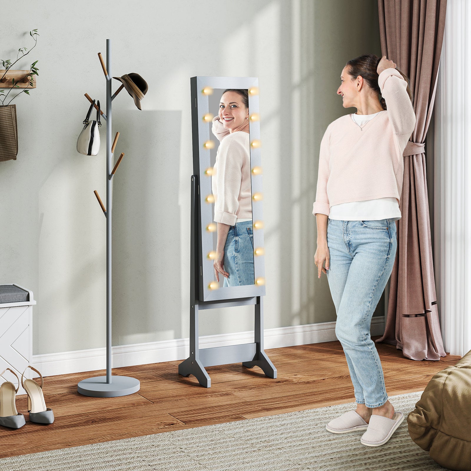 Freestanding Mirror Jewelry Cabinet With Led Lights | Grey
