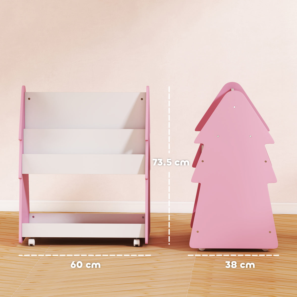 AIYAPLAY Double-sided Children's Bookcase With Wheels For Playroom, Pink
