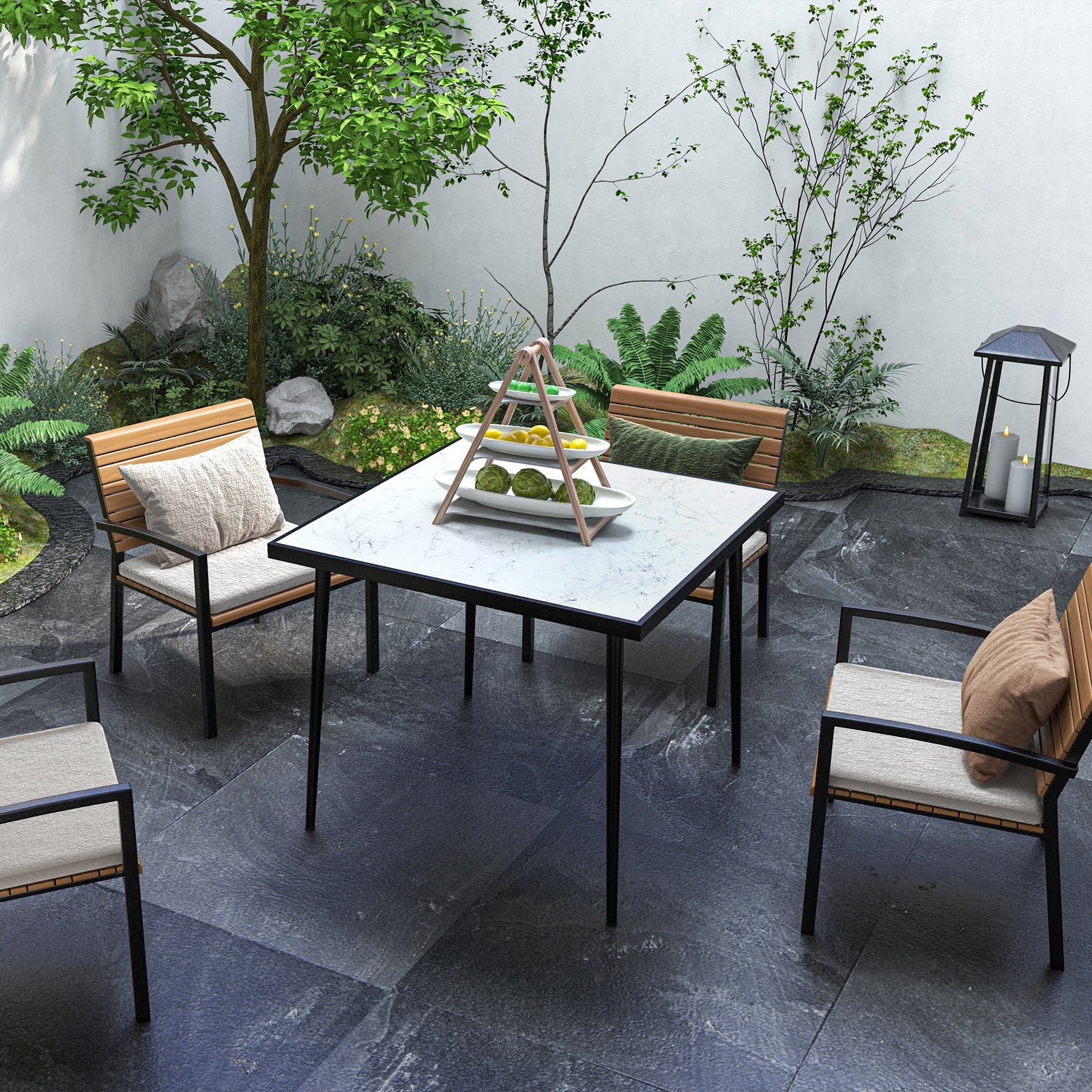 Square Outdoor Dining Table, Marble Effect Top | White